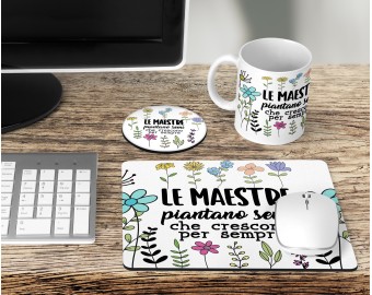 Set da scrivania regalo per la maestra composto da tappetino per mouse, tazza mug e sottobicchiere personalizzati con frase regalo di fine anno ritorno a scuola
