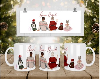 Tazza mug personalizzata con famiglia natalizia con frase e personaggi personalizzati abito capelli mamma papà bambini cane regalo di natale