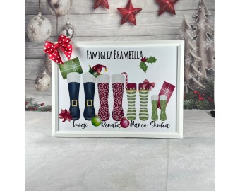Quadretto personalizzato con nomi famiglia stivali natalizi idea regalo di natale decorazione casa con cornice 13x18 cm