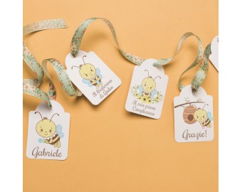 15 cartellini tag bigliettini personalizzati 4 disegni piccole api apine apette battesimo nascita compleanno baby shower comunione cresima