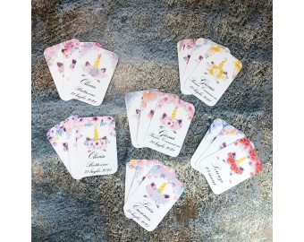 16 cartellini tag bigliettini Unicorni floreali personalizzati con nomi data o frase, per bomboniere battesimo nascita compleanno matrimonio