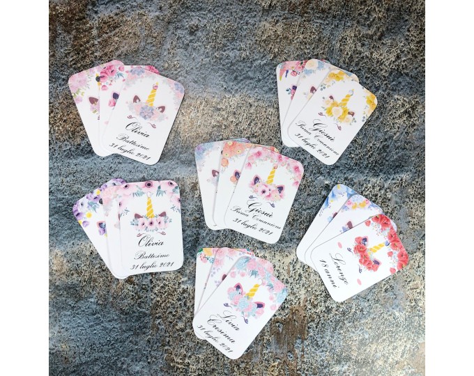 16 cartellini tag bigliettini Unicorni floreali personalizzati con nomi  data o frase, per bomboniere battesimo nascita