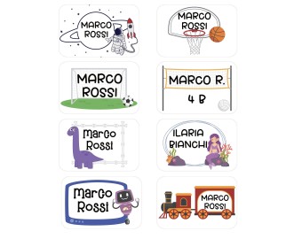 20 etichette adesive scolastiche libri quaderni personalizzate con nome astronauta basket calcio volley dinosauro sirenetta robot treno