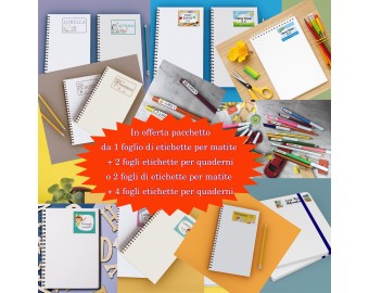 Offerta pacchetti Ritorno a Scuola 1 e 2 – 1 o 2 fogli di etichette scolastiche per matite e 2 o 4 fogli di etichette per libri e quaderni