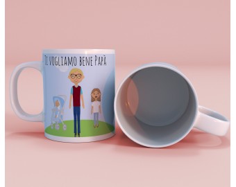 Tazza mug personalizzata con ritratto caricaturale stilizzato del papà con i bambini e frase personalizzata idea regalo festa del papà