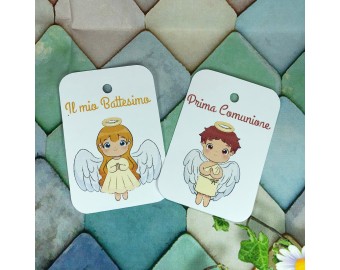 10 cartellini tag biglietti angeli personalizzati bomboniere segnaposto battesimo nascita babyshower compleanno cresima comunione
