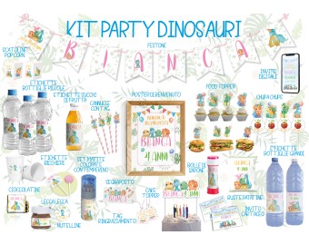 Party Kit a tema Dinosauri, personalizzabile, tag, invito, patatine, nutelline, cioccolatini, etichette, topper, festone, poster, sacchetti